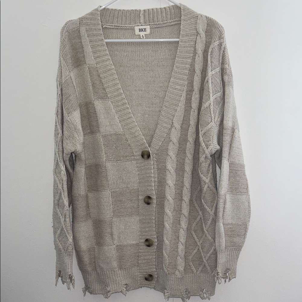 BKE Beige Cable & Check Mixed Knit Cardigan